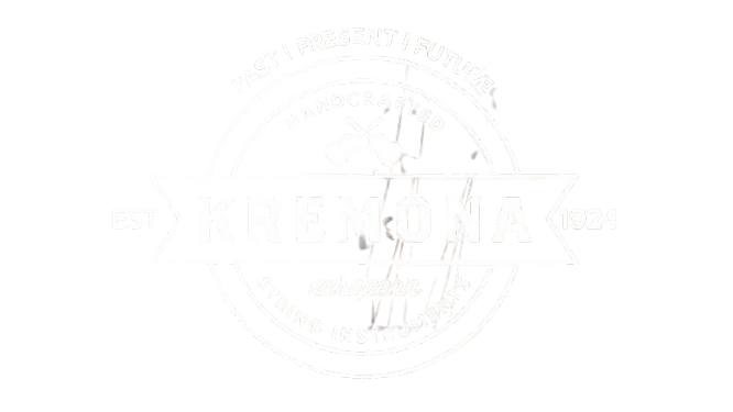 Kremona logo featuring a circular design with text and crossed violin bows in the center, indicating handcrafted European string instruments established in 1924.