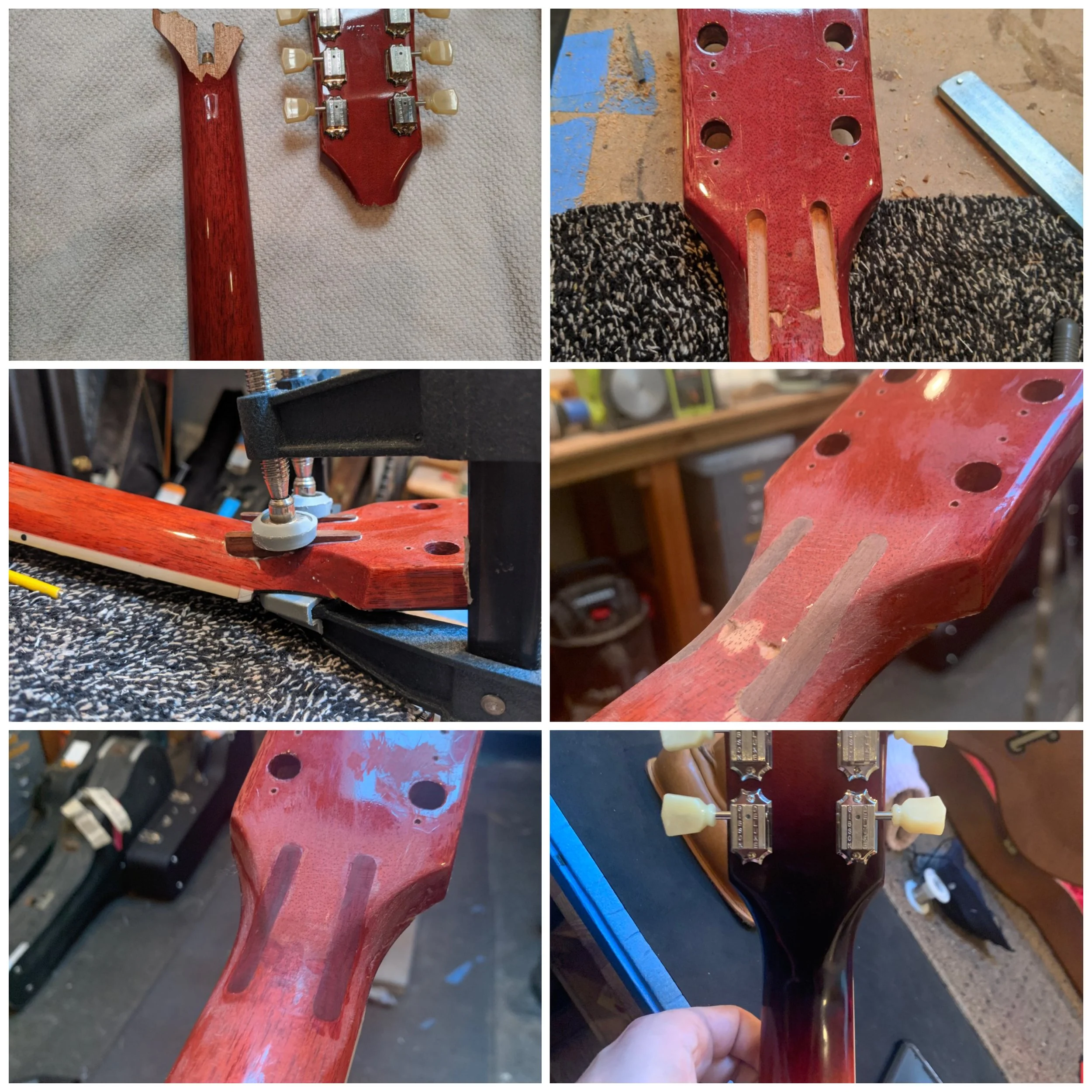 A collage of six photos showing the restoration process of a guitar. The photos include removal of the headstock, cleaning the headstock, installing tuning pegs, sanding the neck, refinishing the neck, and a close-up of the headstock with new tuning
