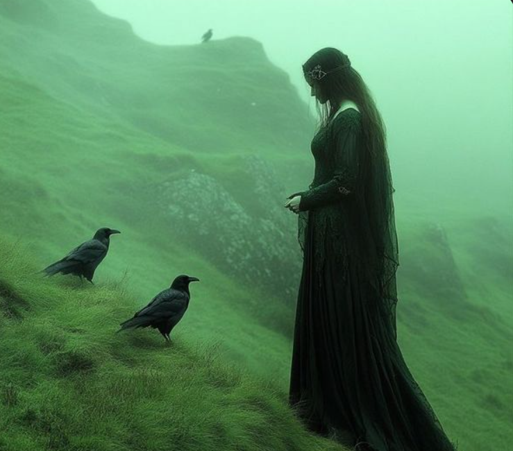A woman dressed in a long black gown stands on a grassy hillside, looking at her phone. Two crows are nearby, and a bird is perched on a distant cliff. The background has a foggy, greenish landscape.