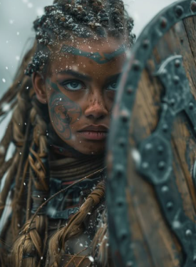 A woman with tribal face paint and braided hair, looking intensely at the camera, with a shield in front of her.