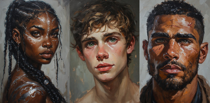 Painting of three individuals, a woman with dark skin and braided hair on the left, a light-skinned woman with short brown hair in the middle, and a man with tan skin, dark hair and beard on the right.