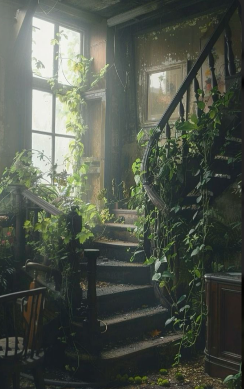 Overgrown staircase inside a house with sunlight coming through a window, surrounded by lush green plants and vines.