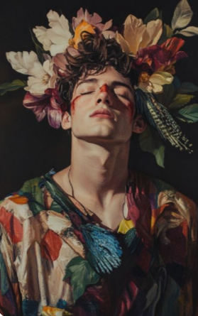 A young man with a blood streak on his face, lying down with eyes closed, surrounded by large colorful flowers, dressed in a vibrant, patterned shirt.