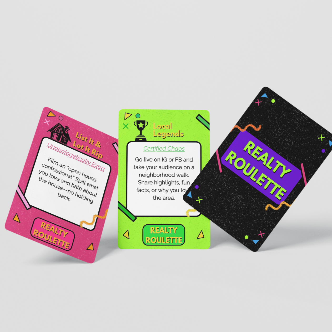 Realty Roulette social media card game for realtors – bold branding and marketing challenge deck