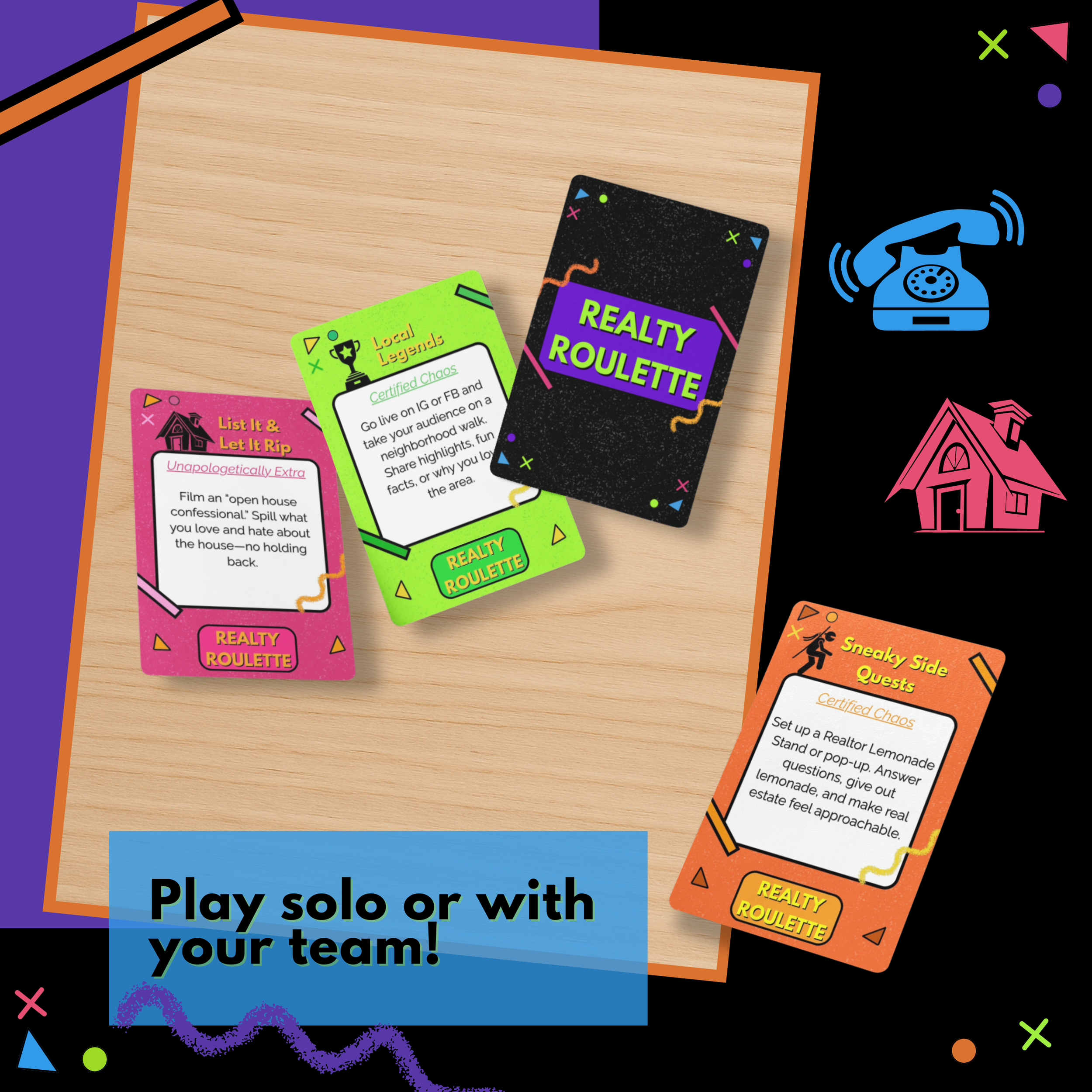 Realty Roulette marketing challenge cards for realtors – play solo or with your team to grow engagement