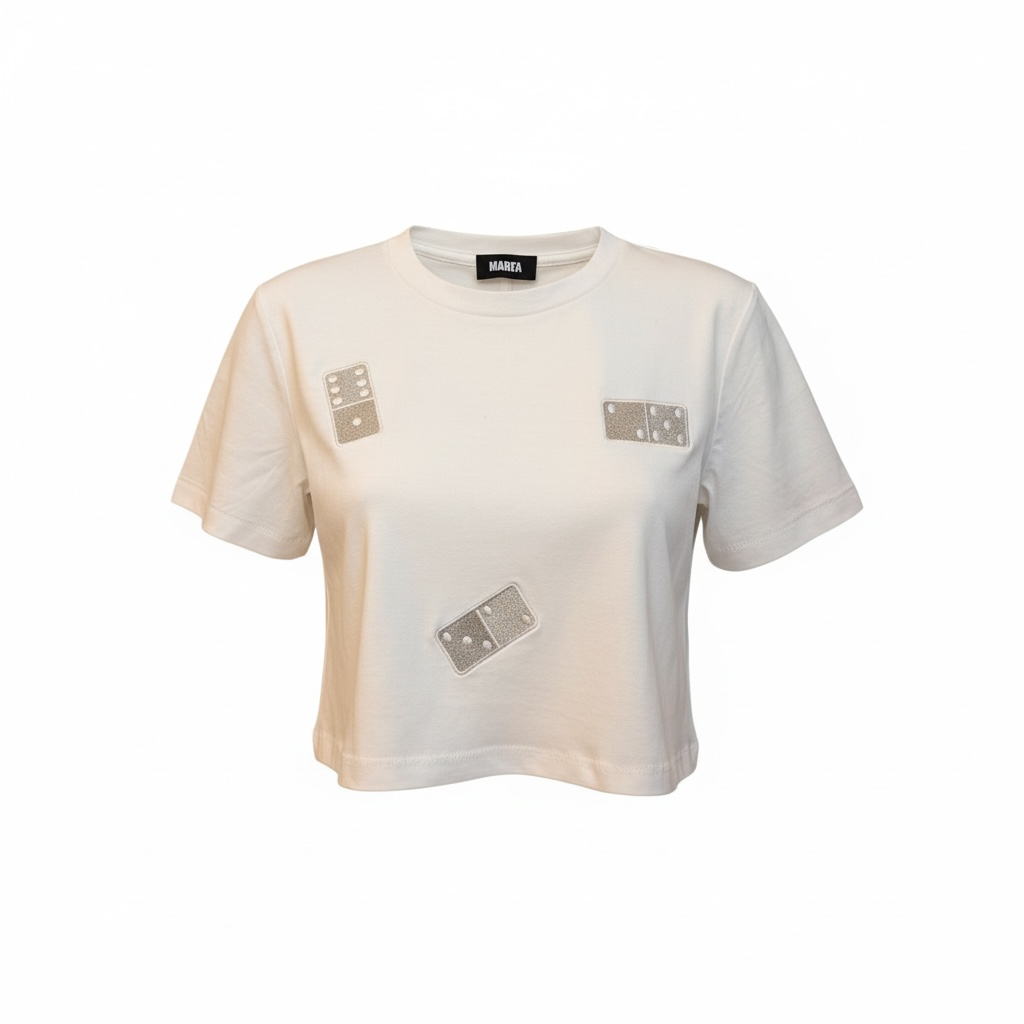 WHITE CROP TOP WITH SIVLER DOMINO EMBROIDERY