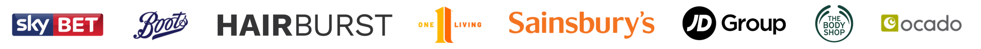 Logos of several retail and online brands including Sky Bet, Boots, Hairburst, One Lifting, Sainsbury's, JD Group, The Body Shop, and Ocado.