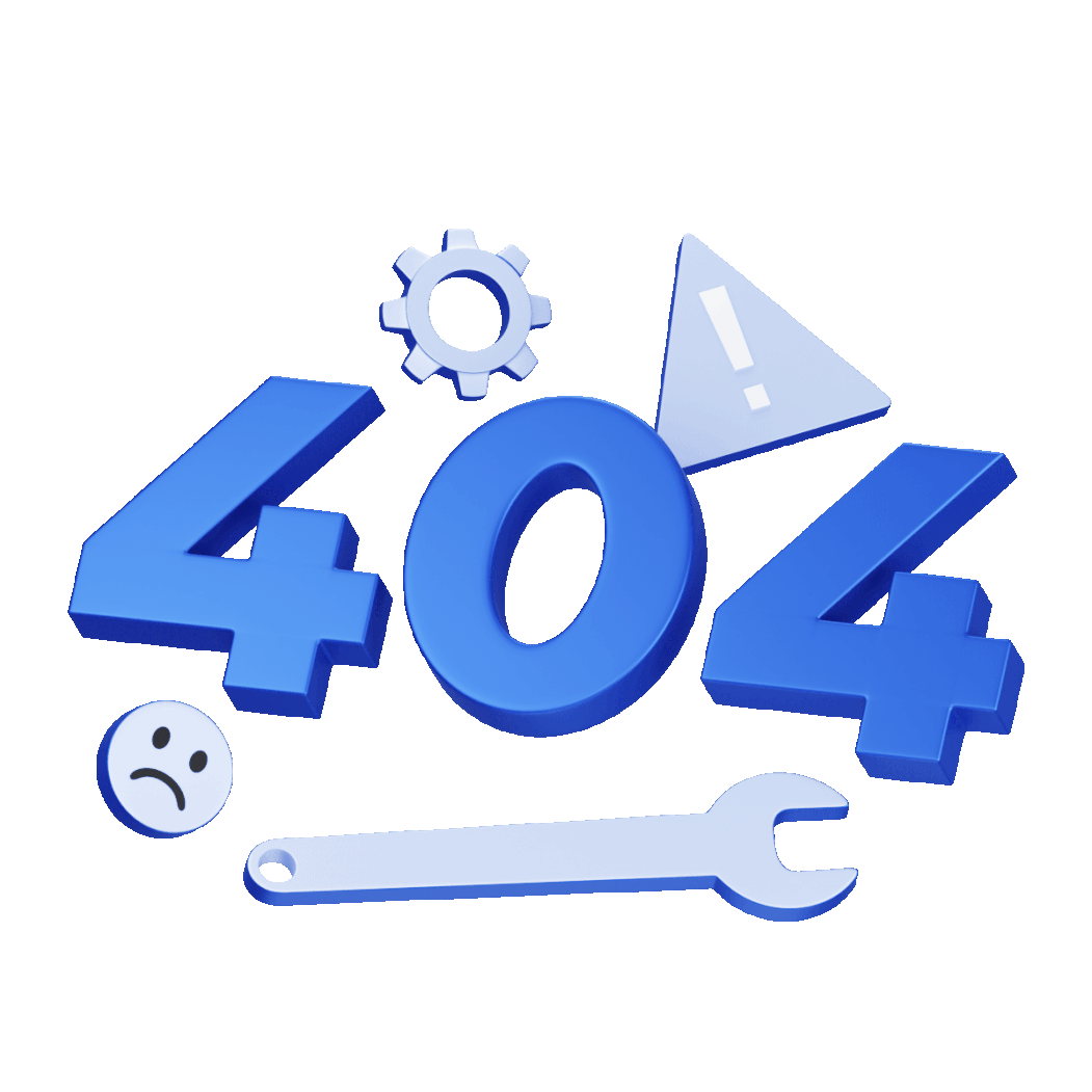 Digital illustration of a 404 error message with a large blue '404' number, a wrench, a gear, an exclamation mark inside a triangle, a sad face, and a gear symbol.