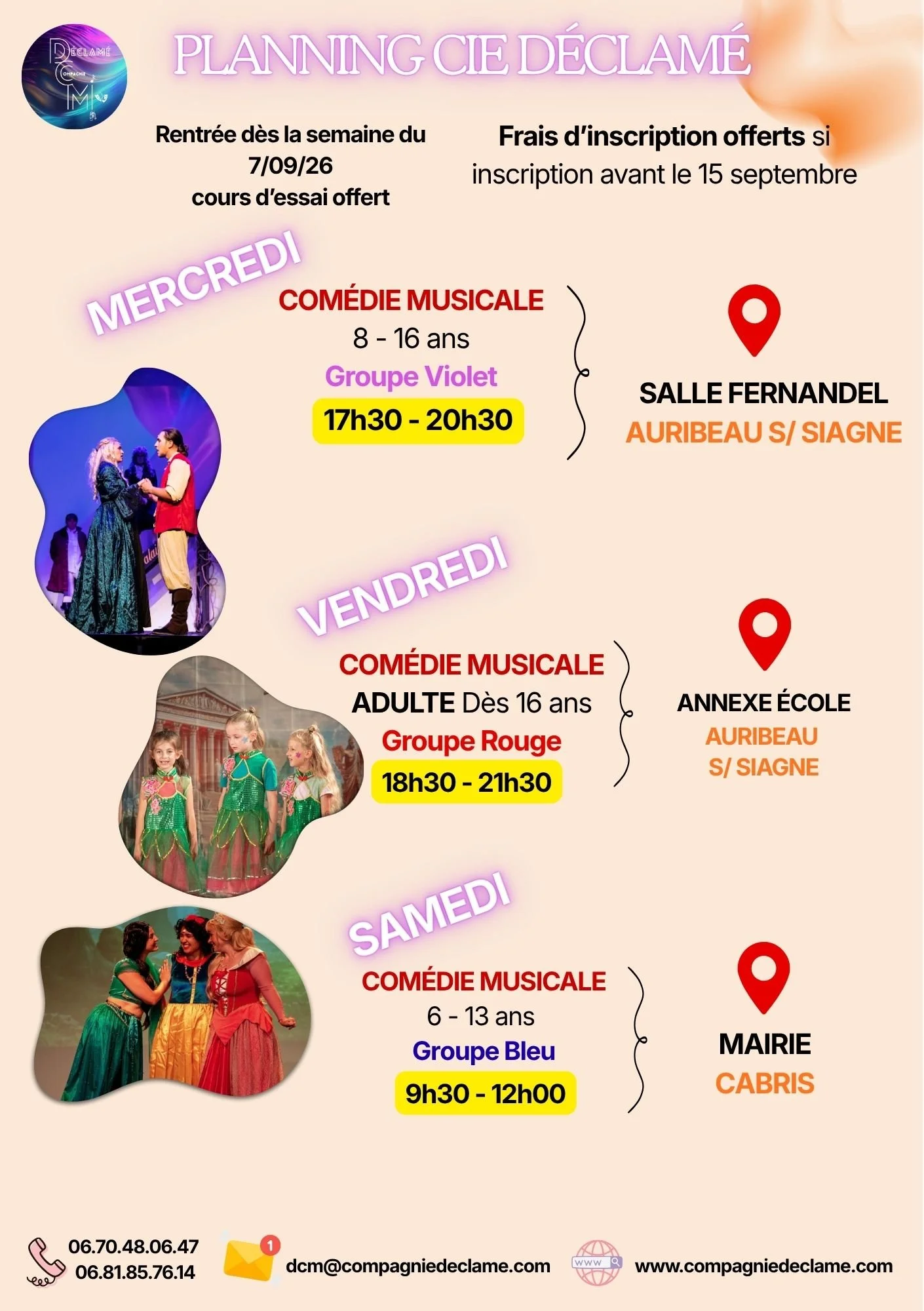 Cie Déclamé - cours de chant collectif, cours de chant particulier, cours de théâtre, cours de danse, cours de CABARET, cours de comédie musicale - enfant, ados, adulte -
Sur Auribeau Sur Siagne, Cabris, Grasse, Spéracèdes, proche de PÉGOMAS