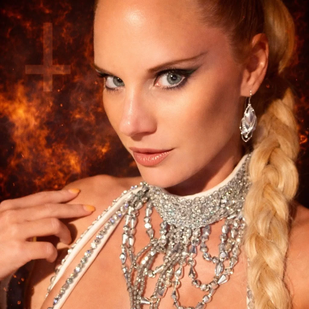 Portrait d'une femme avec boucle d'oreille brillante, portant plusieurs colliers scintillants, fond noir et orange et lumière dorée.