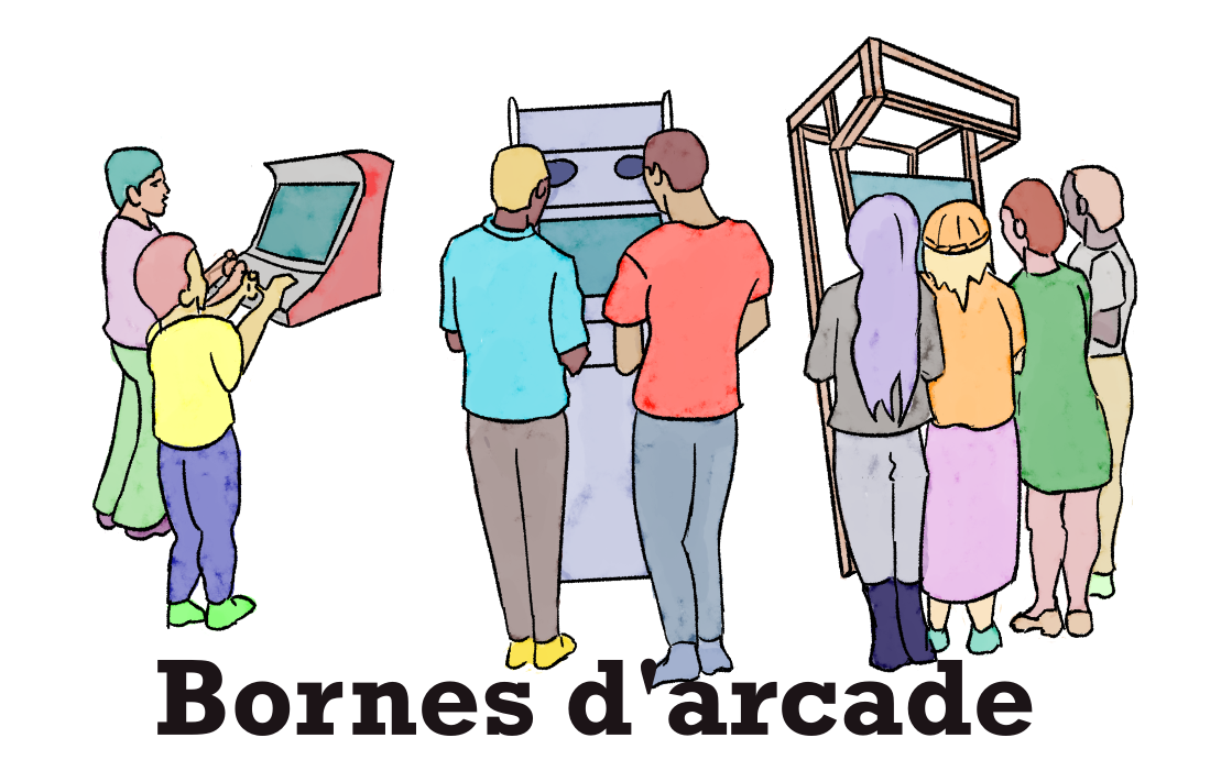 Différentes bornes d'arcade à la location avec une sélection de jeux pour toutes et tous