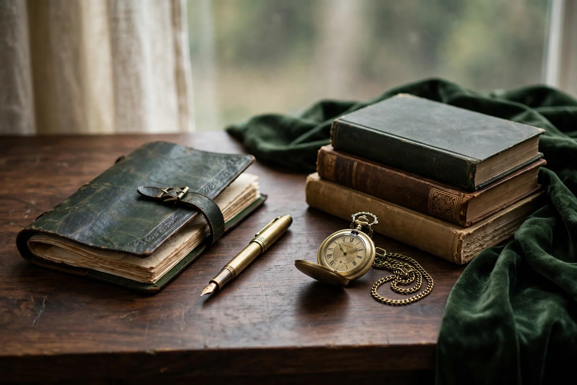 Old money leather desk still life with books and brass lamp