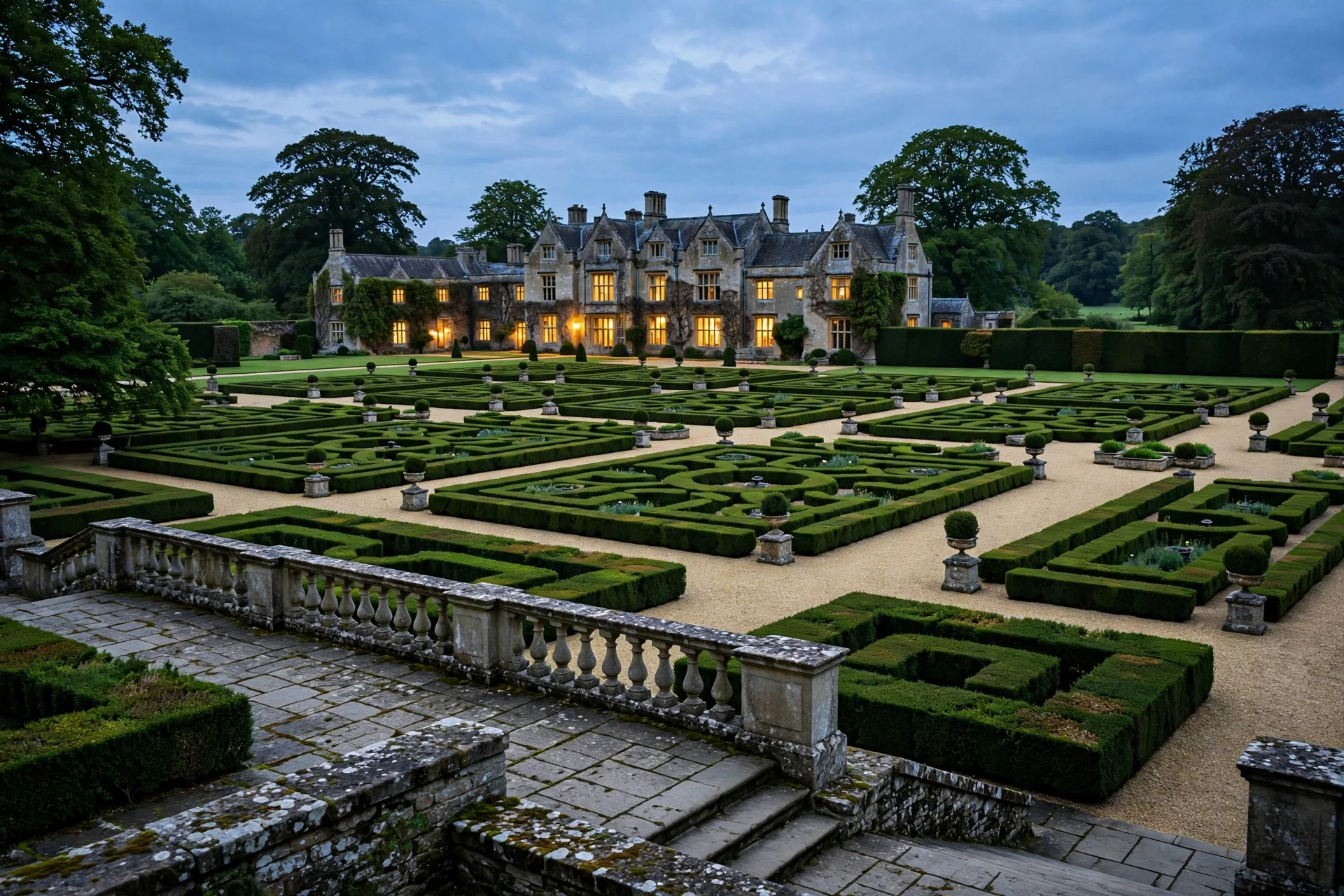 Stately manor at dusk with illuminated windows