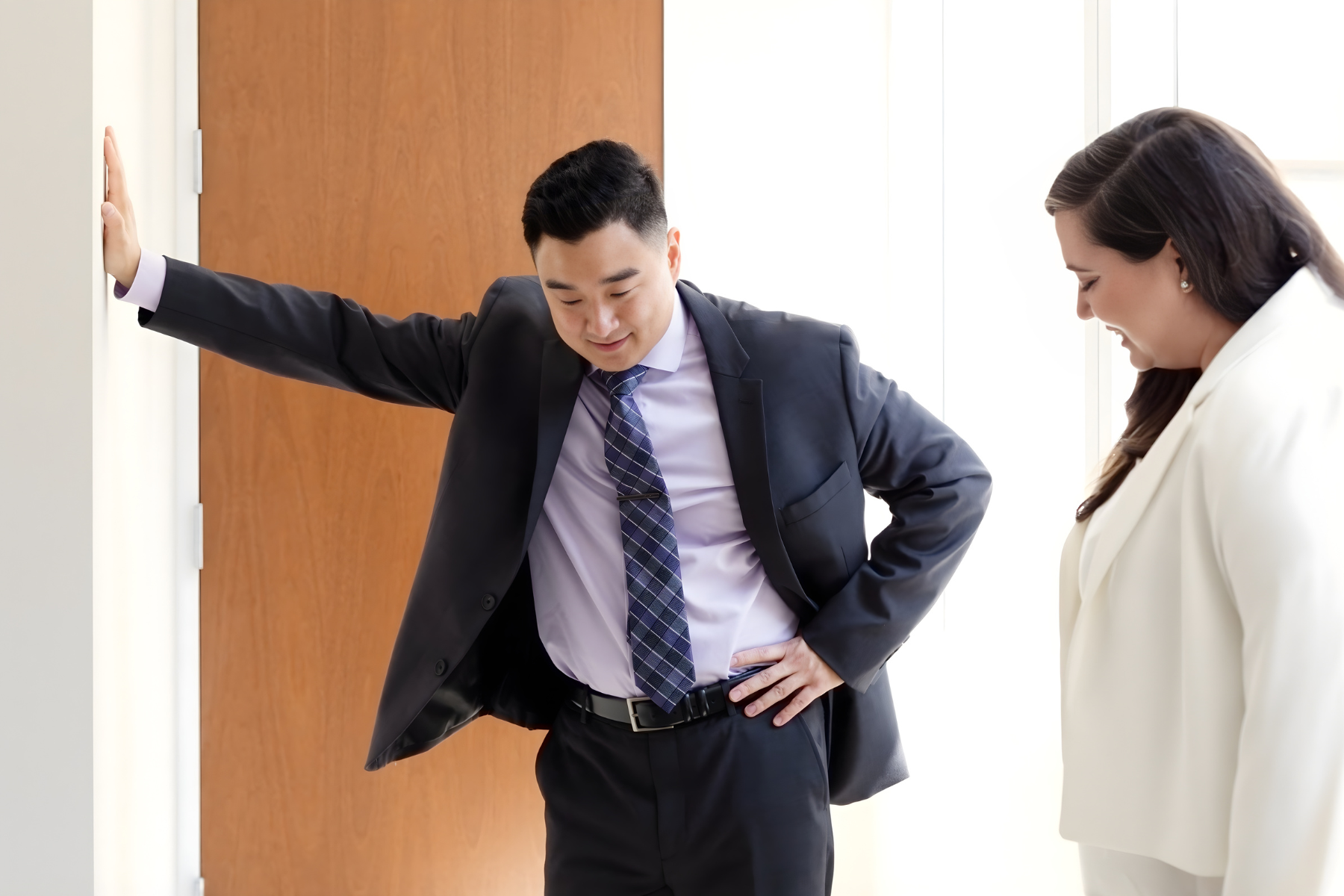 Jonas M. Hwang talking to Lauren Coppinger associate attorney hoffenberg block reid chicago illinois family lawyer