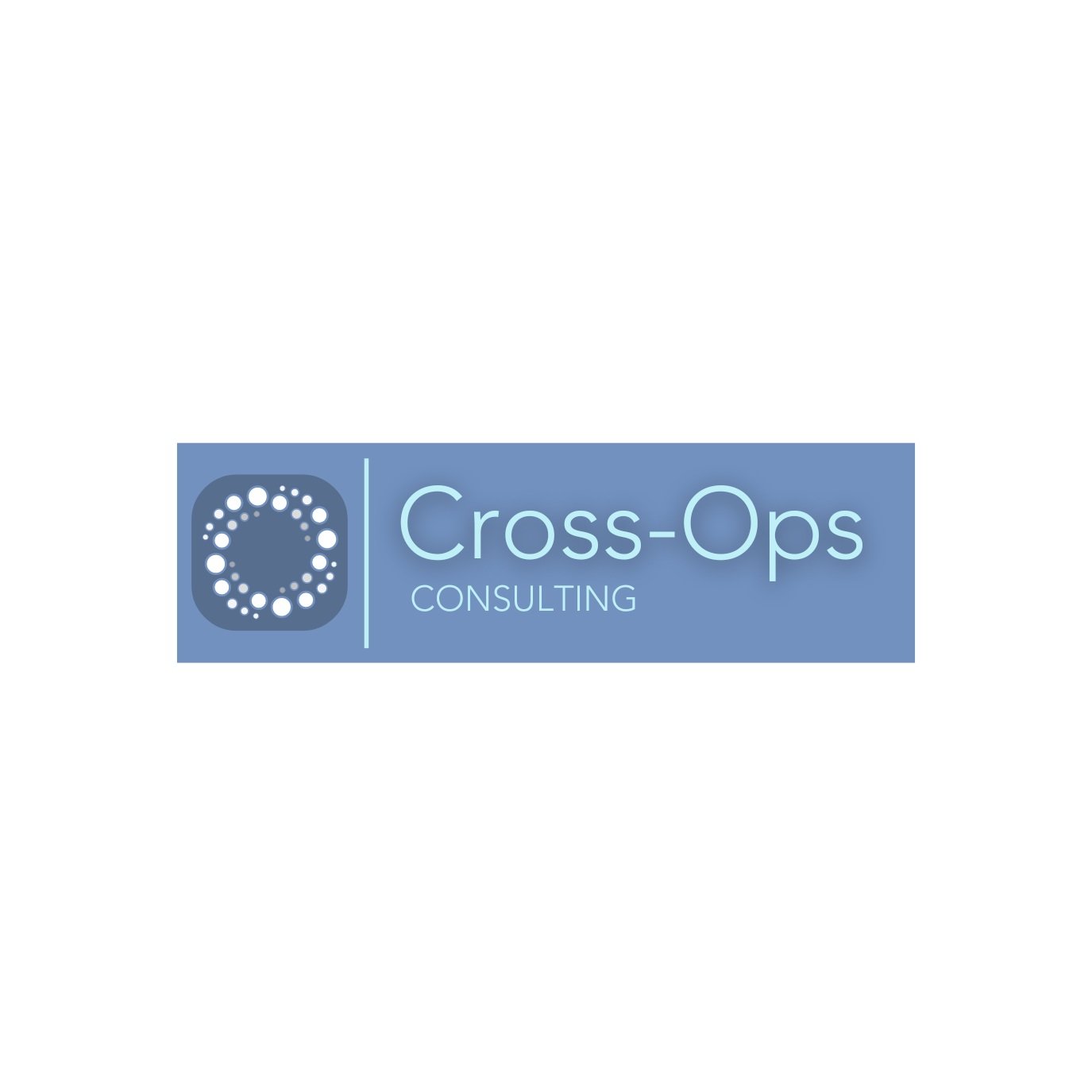 Logo for Cross-Ops Consulting featuring a circular dotted icon and the company name in light blue text on a darker blue background.
