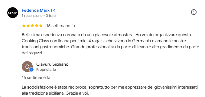 Recensione positiva su Google di Federica Marx e Ciavuru Siciliano in italiano.