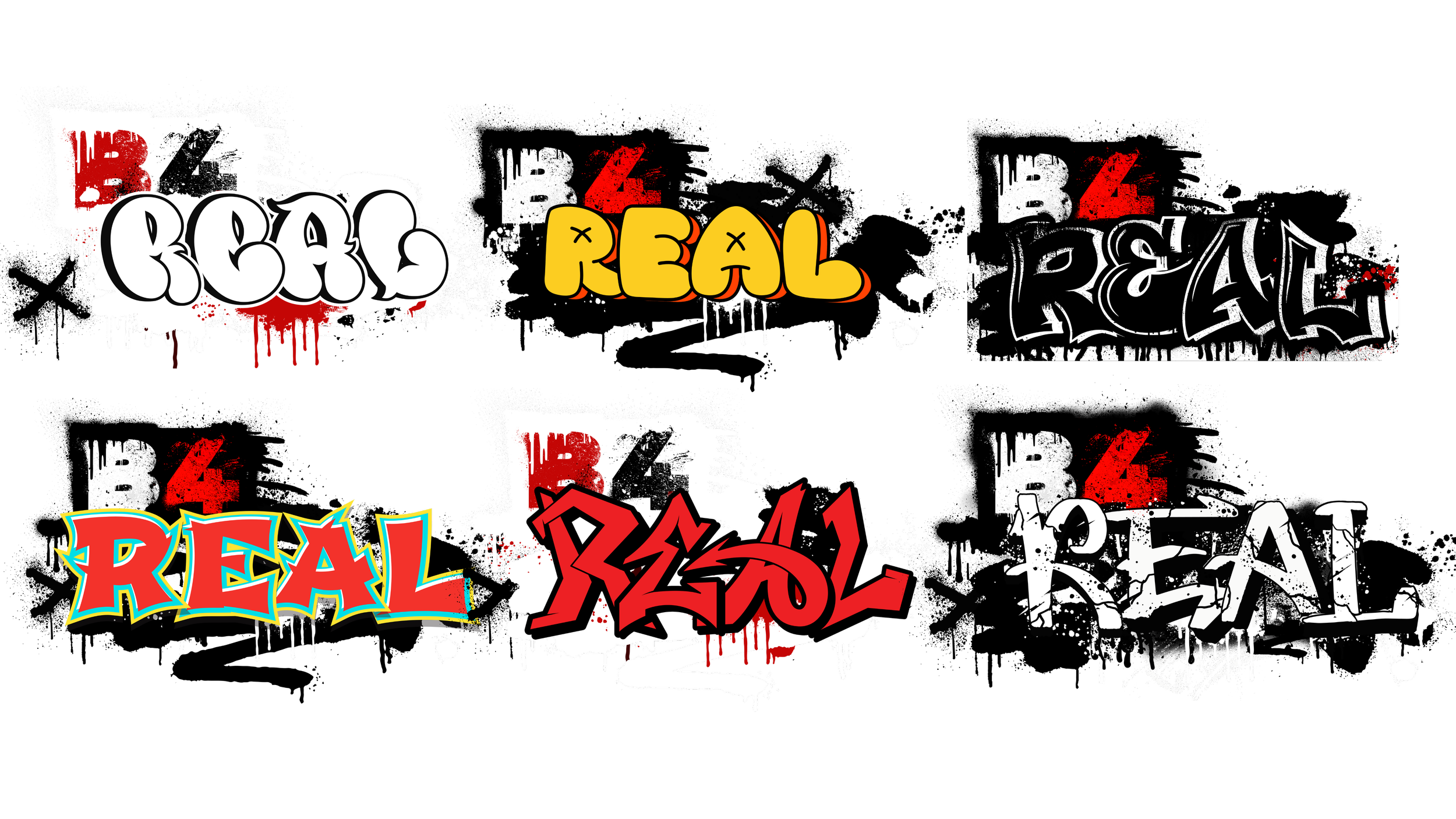 A graffiti-style digital artwork displaying the words 'REAL' multiple times in different colorful, bold, and stylized fonts on a black background.