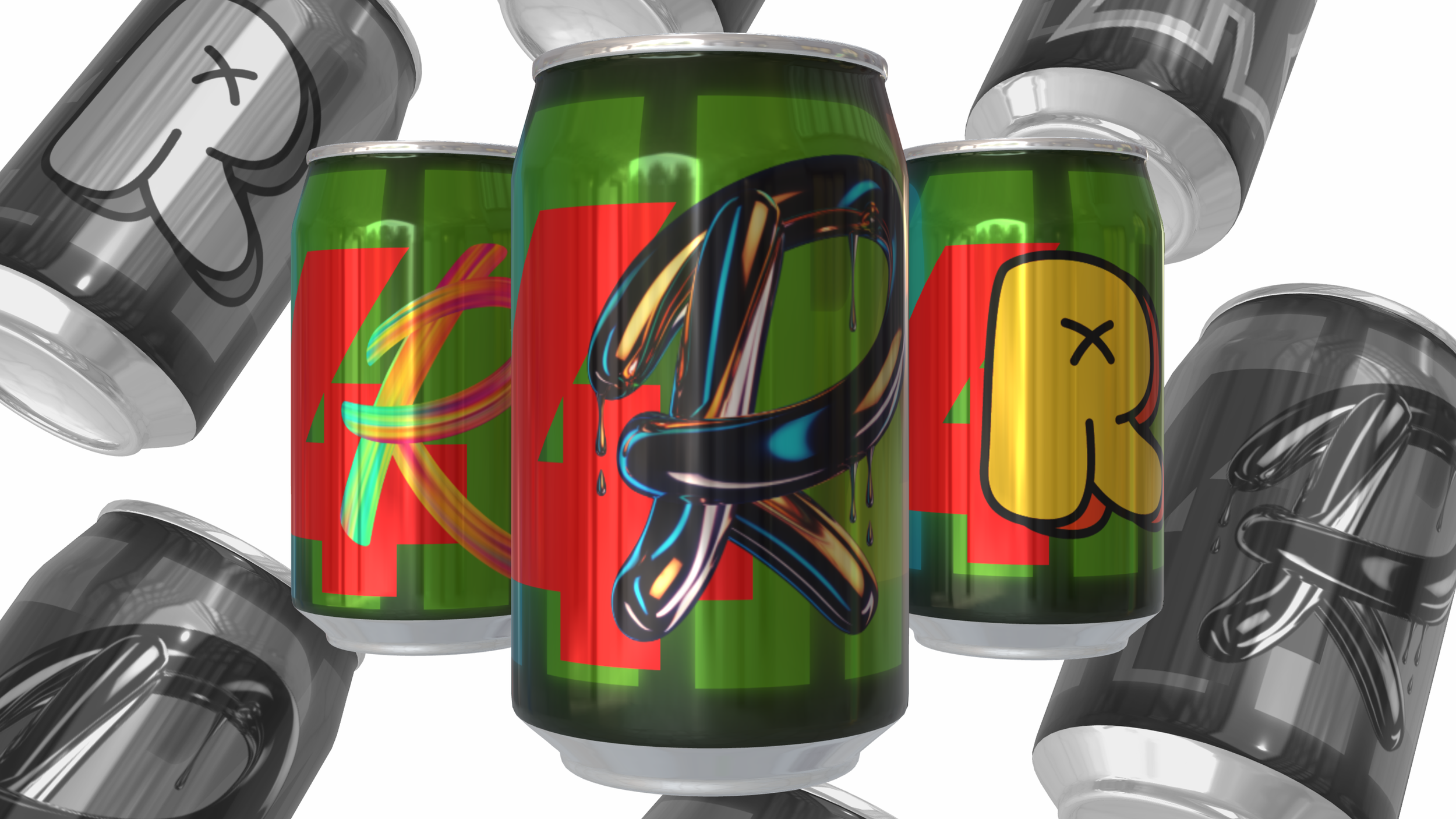 Multiple soda cans with colorful and artistic designs, including cartoon-style faces and abstract patterns, against a white background.