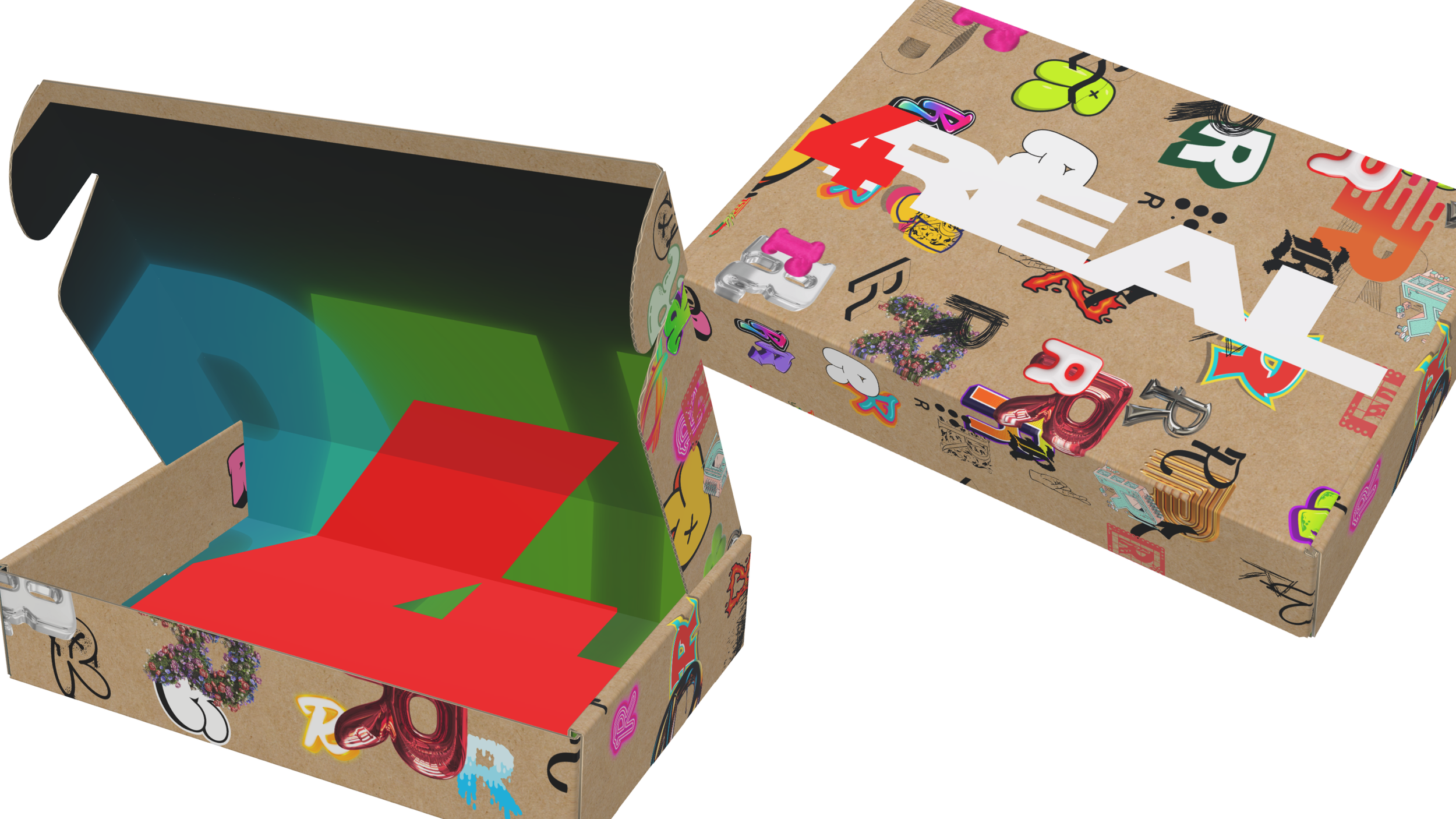 A cardboard box with colorful, decorative stickers and the words 'PLAY ROOM' written on it, with transparent colored shapes inside