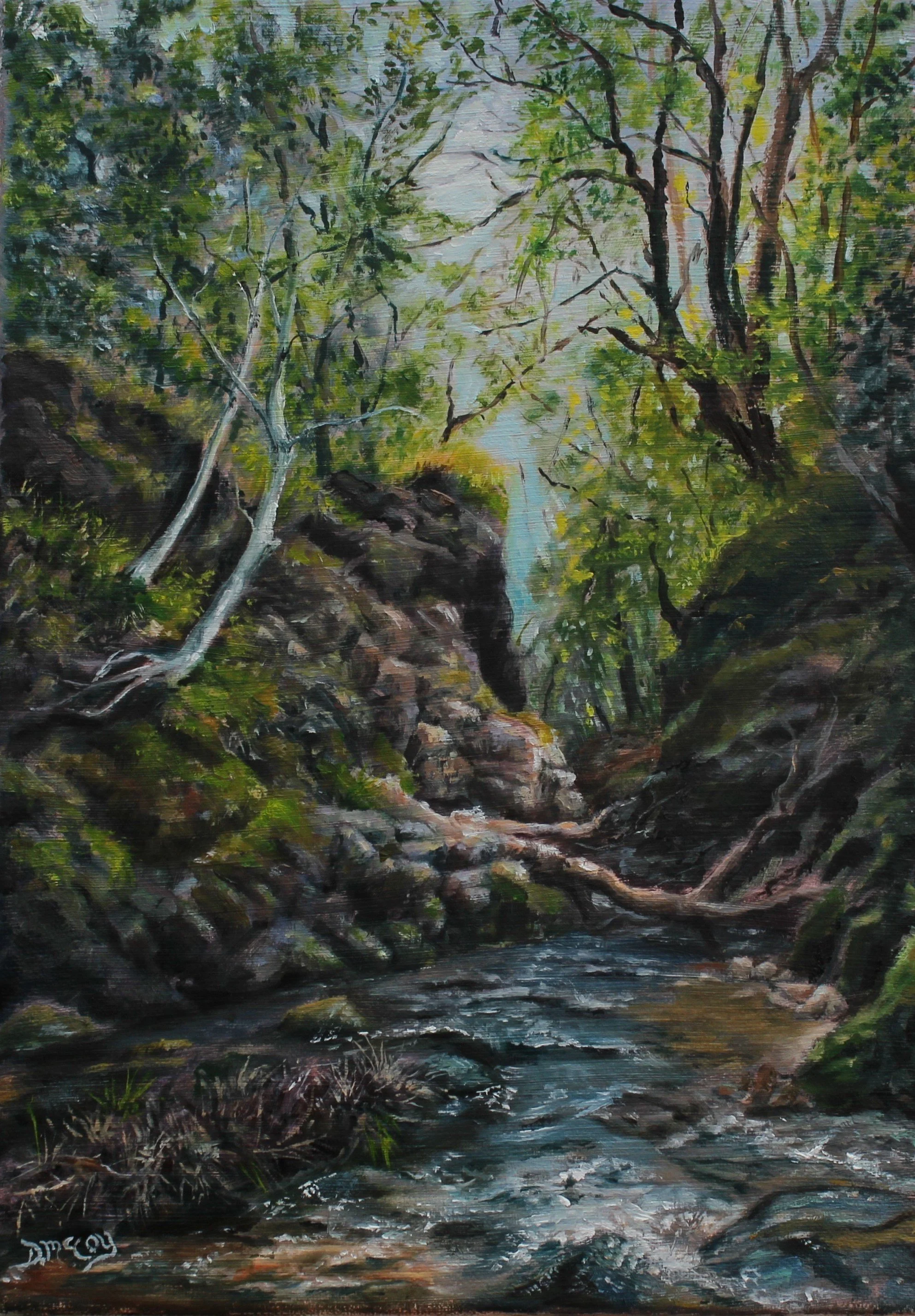 'Hidden Sanctuary', 2026, oil on linen, 12 x 10in. Hidden in the forest down a small valley is a grass area with bluebells in spring and ferns in the Summer. A shallow river runs alongside down towards an opening in the rocks with bright white tree t