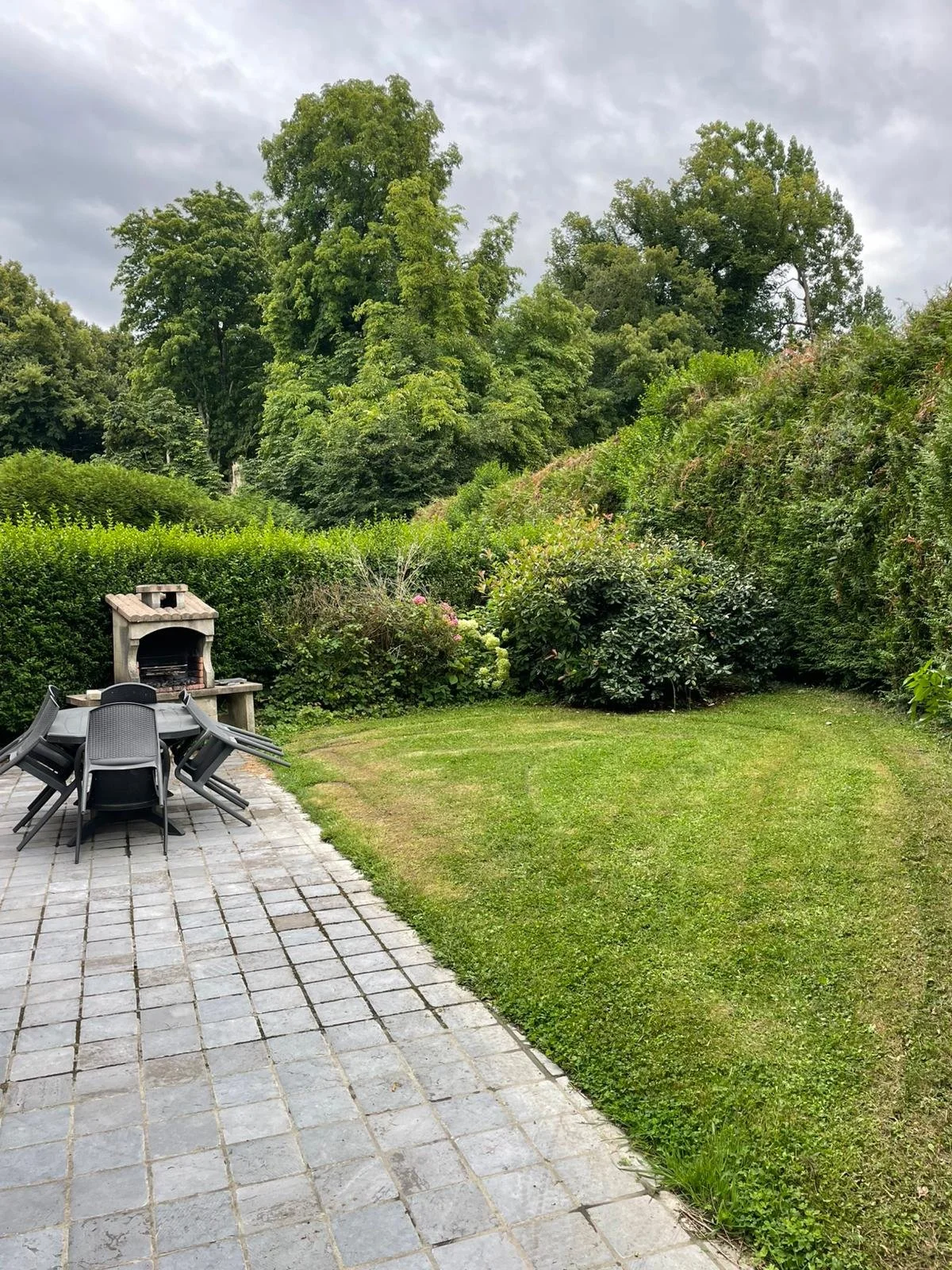 Jardin avec terrasse en pavés, zone de pelouse verte, barbecue, et espace entouré d'arbustes et d'arbres.