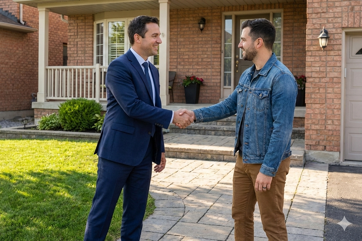 Two men shaking hands in front of a house, one in a suit and the other in casual denim jacket and pants, smiling at each other.