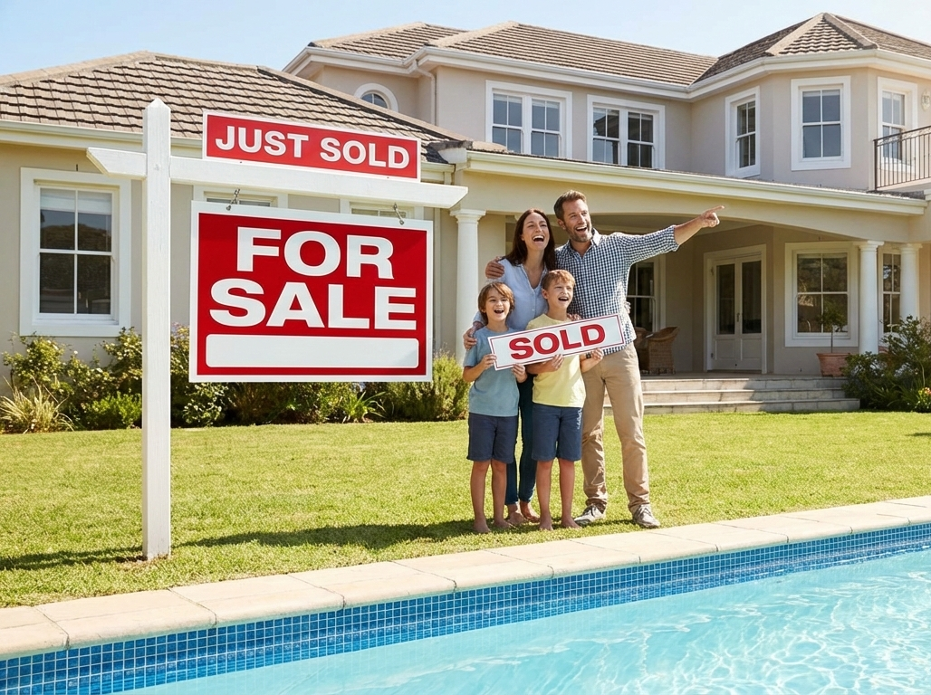Family of four celebrating in front of a sold house sign, holding a 'sold' sign, in a backyard with a swimming pool.