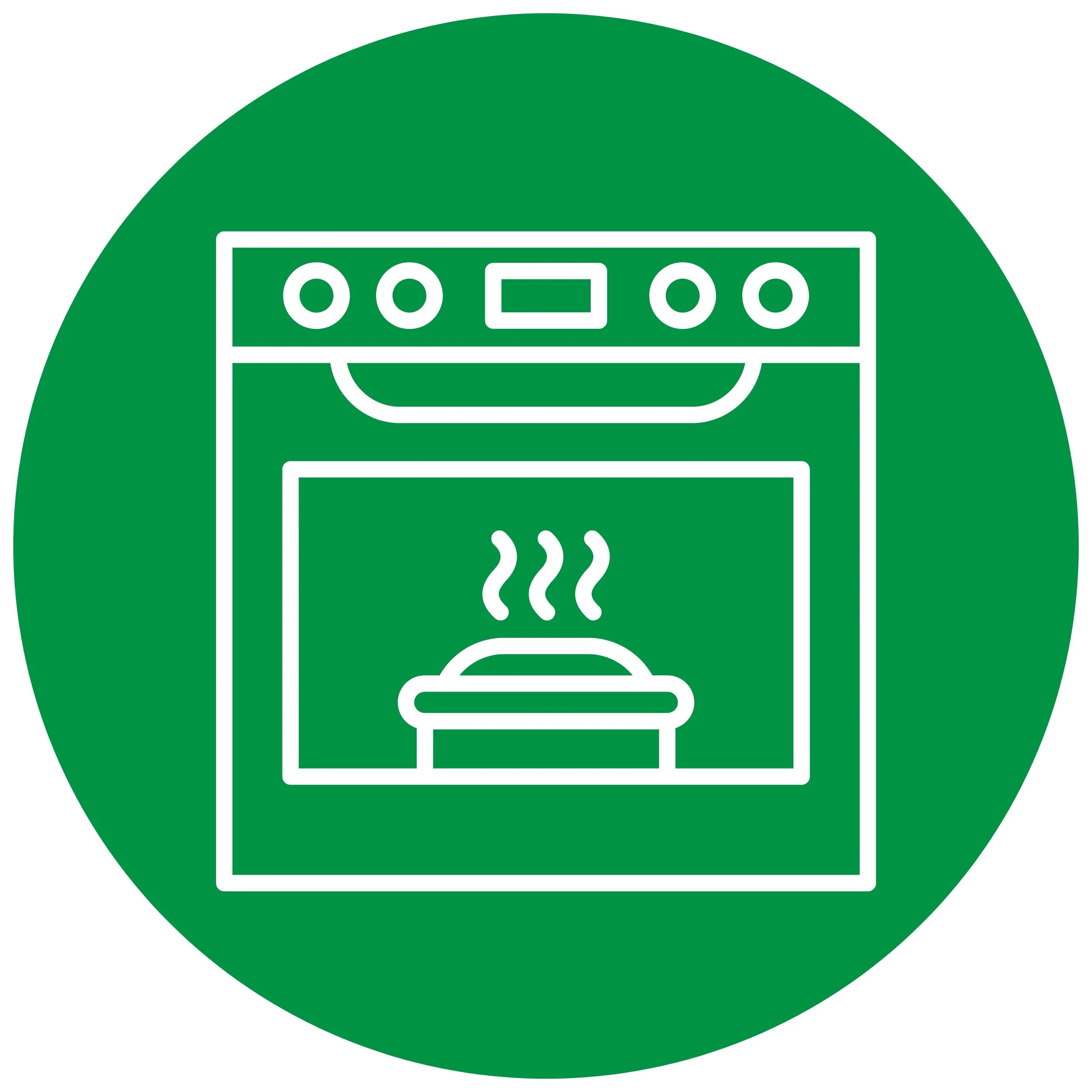 White line drawing of an oven with a steaming tray inside on a green circular background.