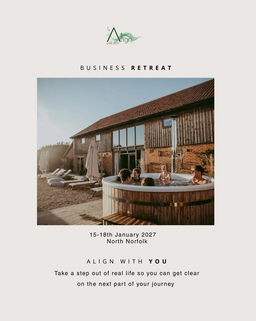 Business Owner Retreat:

Align With You and your business January 2027

Start the year with a calm mind and a clear plan for the 12 months ahead.

All meals included over the weekend, daily walks, daily yoga classes, sauna and hot tub all included. A
