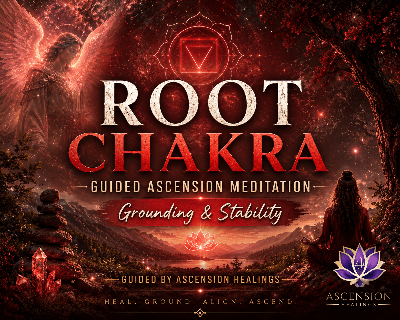 An illustrated mystical scene featuring a woman meditating outdoors near a lake at sunset, with a mountain range in the background and trees with red leaves. A glowing angel figure with wings and a hooded robe stands to the left. Multiple crystals and a stacked stone cairn are on the left side. The image is themed around the root chakra, with symbols and text promoting guided ascension meditation for grounding and stability by Ascension Healings.