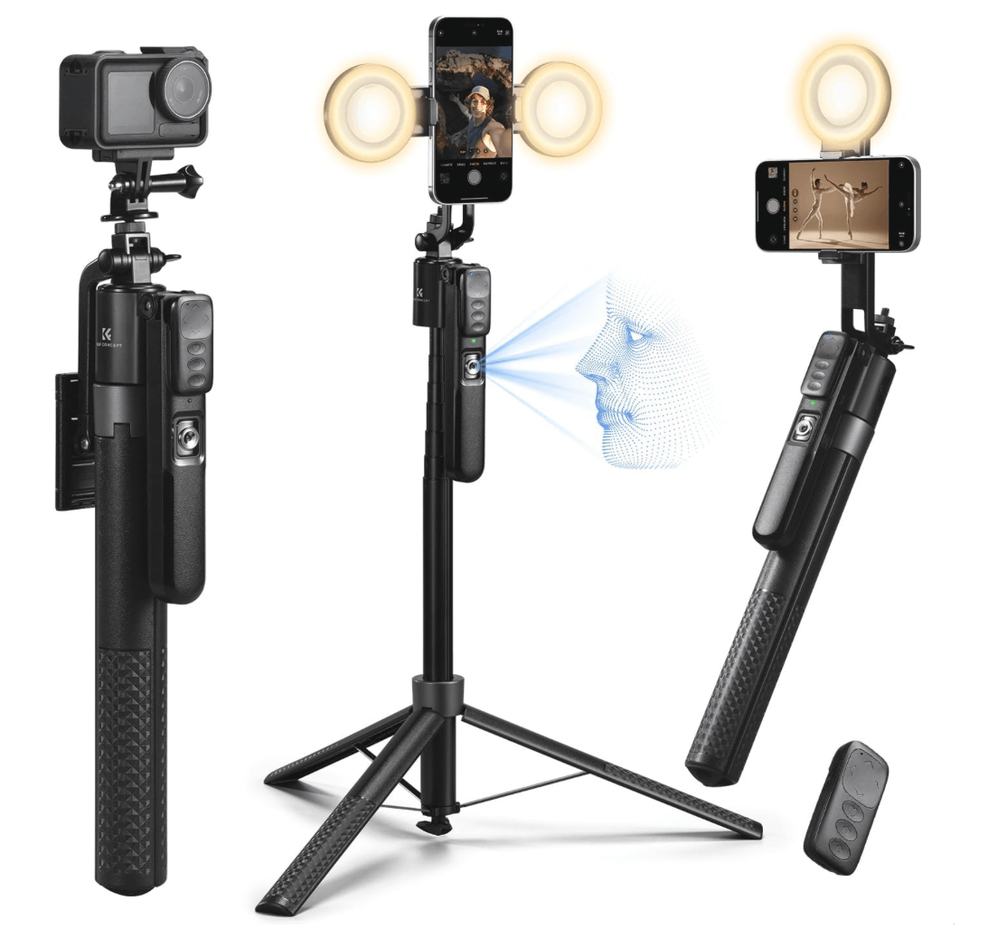Wireless selfie stick with smartphone attached, lights, and remote control for photography and video recording.
