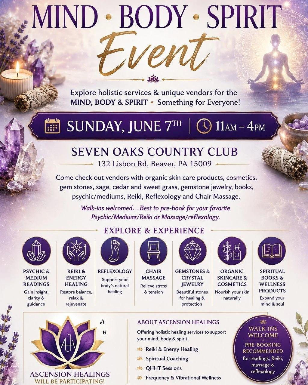 💫 We are gathering TODAY!
The Mind,Body, Spirit Event begins soon.
If you&rsquo;re ready to connect, heal, and elevate with beautiful souls, we&rsquo;d love to see you.
Today &bull; Sunday, June 7th
Time: 11am-4pm
Location: 132 Lisbon Rd, Beaver PA 