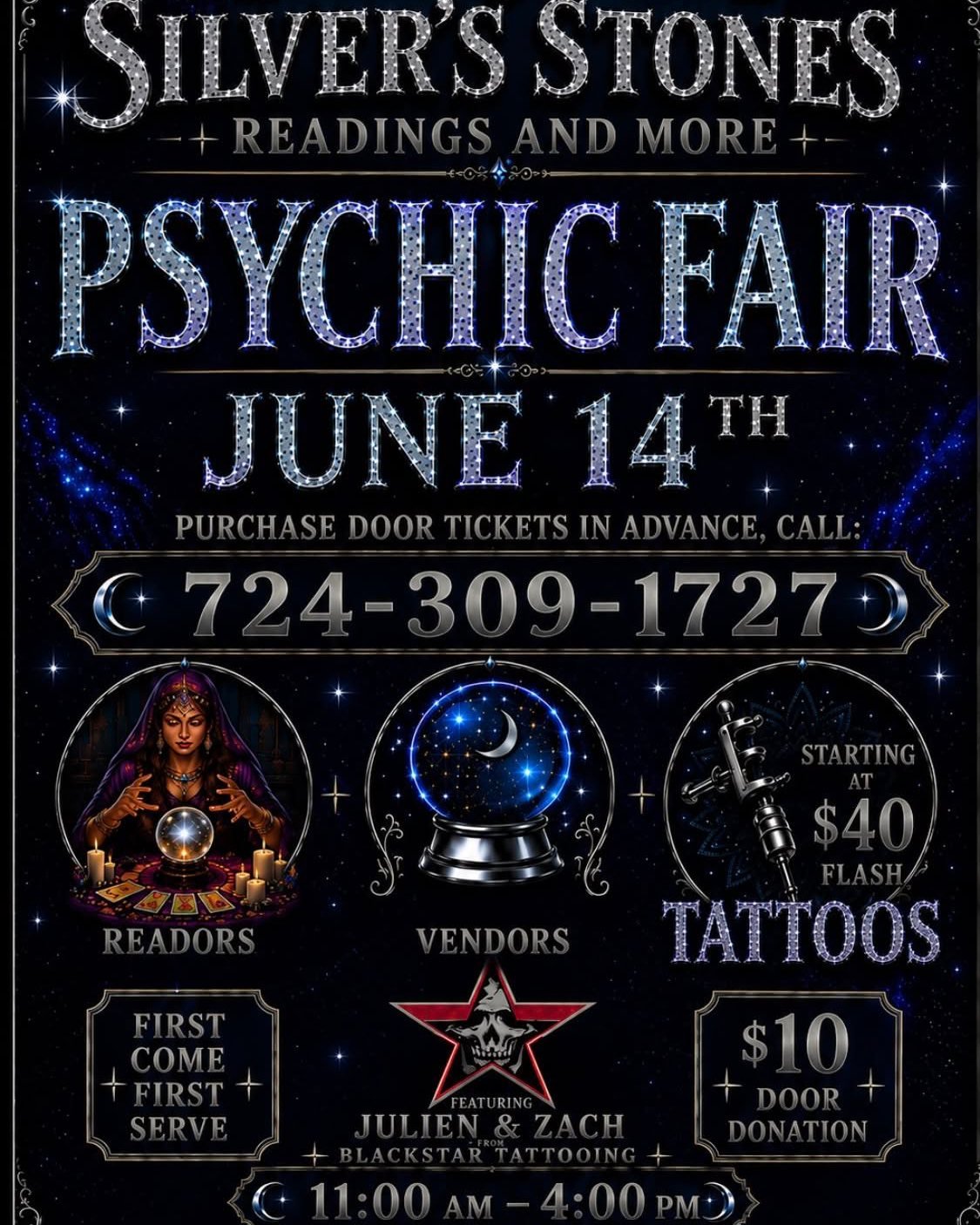 Only 3 days until the magic begins! 🌙
At Silver's Stones Magical Psychic Fair, you can expect:

✨ Personalized Psychic &amp; Tarot Readings
💎 Beautiful crystals, stones &amp; metaphysical tools
🧿 Handcrafted artisan goods &amp; spiritual products

