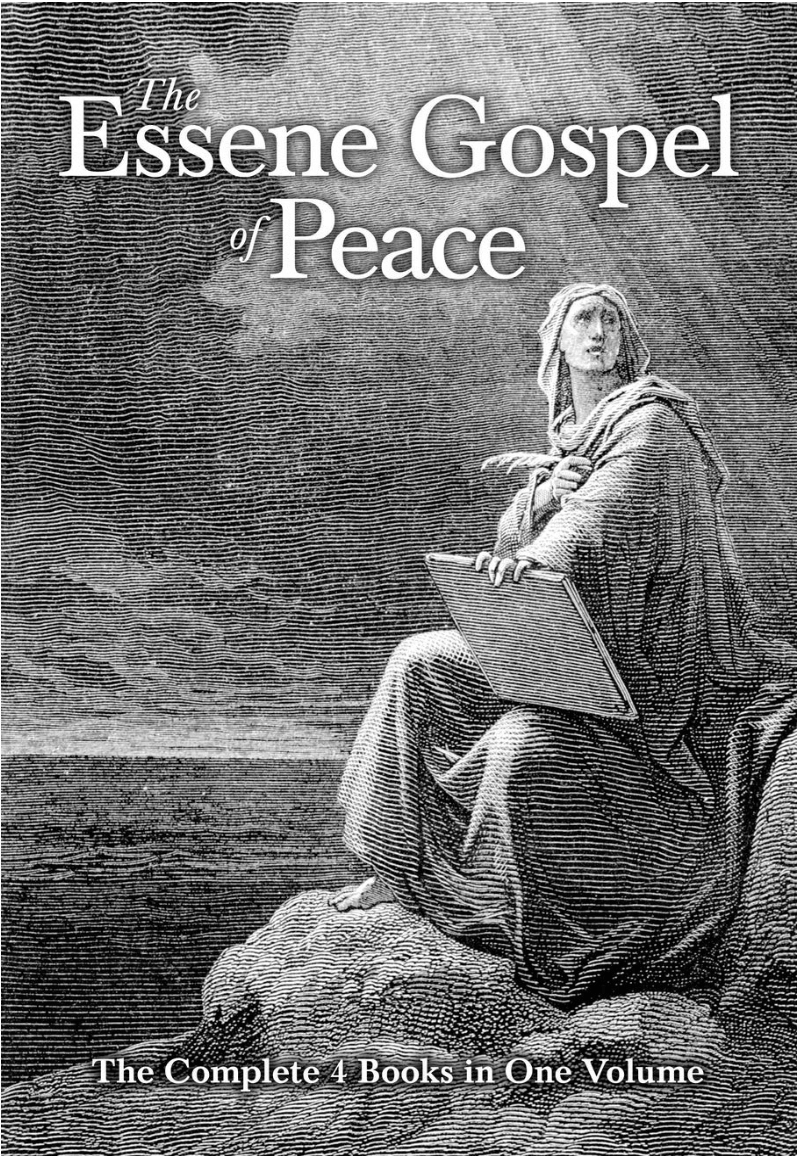 Cover of a book titled "The Essene Gospel of Peace." The cover features an illustration of a woman in robes sitting on a rock, holding an open book, looking upward. The background is textured with lines, and the subtitle reads "The Complete 4 Books in One Volume."