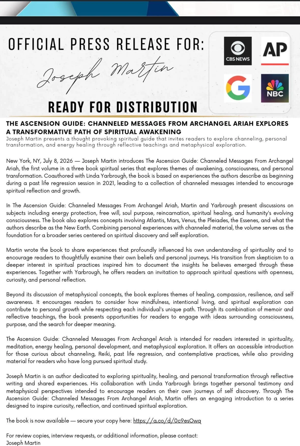 Official press release document for Joseph Martin's book titled 'The Ascension Guide: Channeled Messages From Archangel Aria,' including logos of CBS News, AP, Google, and NBC.