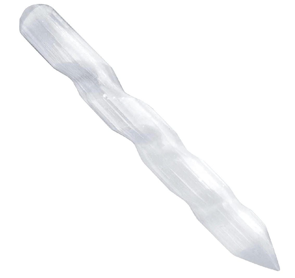 A clear, twisted quartz wand or elongate crystal.