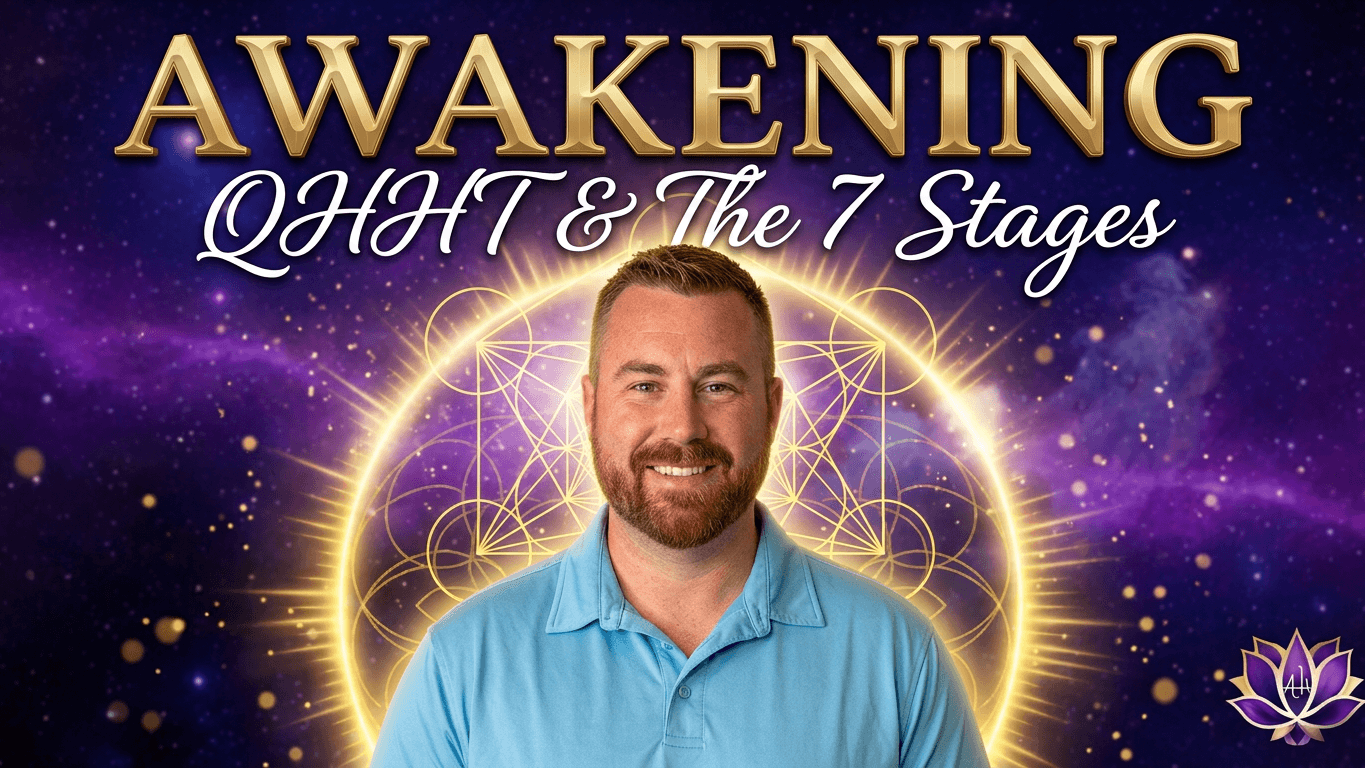 "Awakening QHHT & The 7 Stages" featuring Joseph Martin founder of Ascension Healings and author of The Ascension Guide Series in a light blue shirt with a cosmic background and geometric gold designs surrounding him.