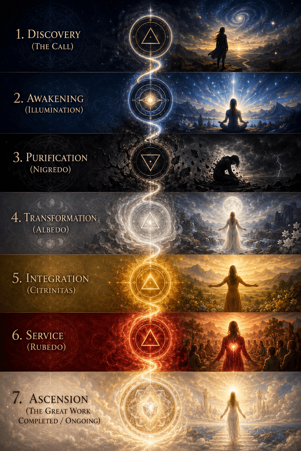 A diagram of the Ascension Framework developed by Ascension Healings  illustrating the seven stages of spiritual awakening, from discovery to ascension, with corresponding images of women meditating or standing in natural or cosmic settings.