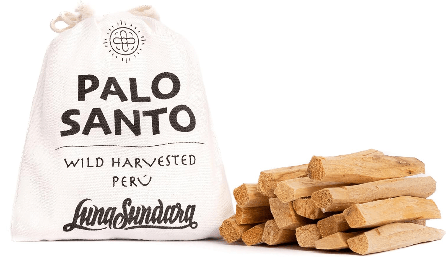 A white bag labeled 'Palo Santo' with additional text 'Wild Harvested Peru' and a bunch of Palo Santo wood sticks next to it.