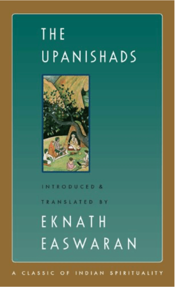 Book cover of 'The Upanishads', introduced and translated by Eknath Easwaran, with a small illustration of seated figures and a large tree.