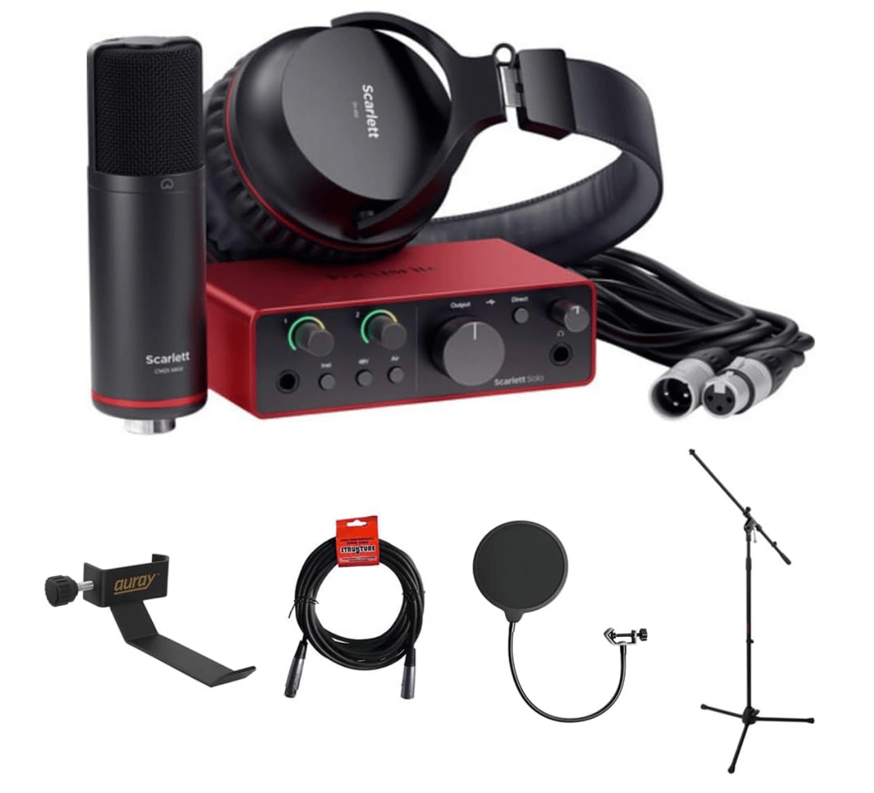Audio recording and podcasting equipment including a microphone, microphone stand, headphones, audio interface, microphone cable, pop filter, and a microphone shock mount.