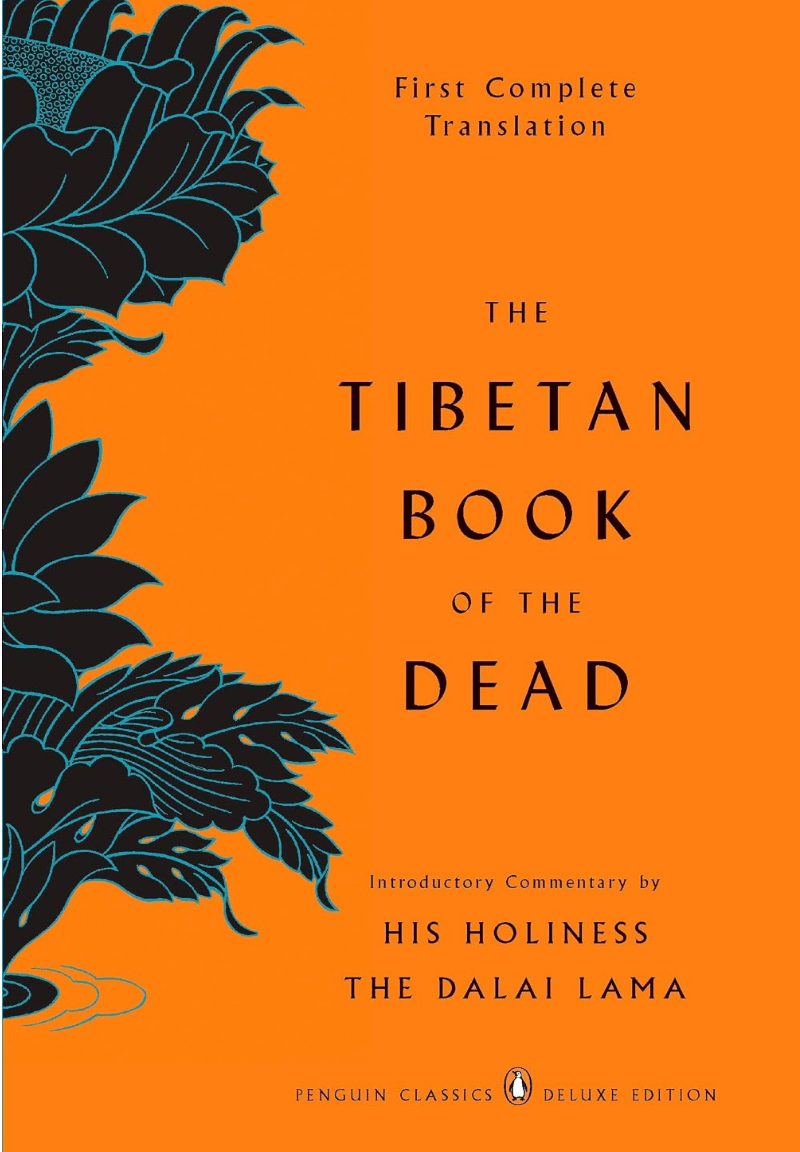 Cover of 'The Tibetan Book of the Dead' with an orange background and black illustration of a blossoming plant or tree.