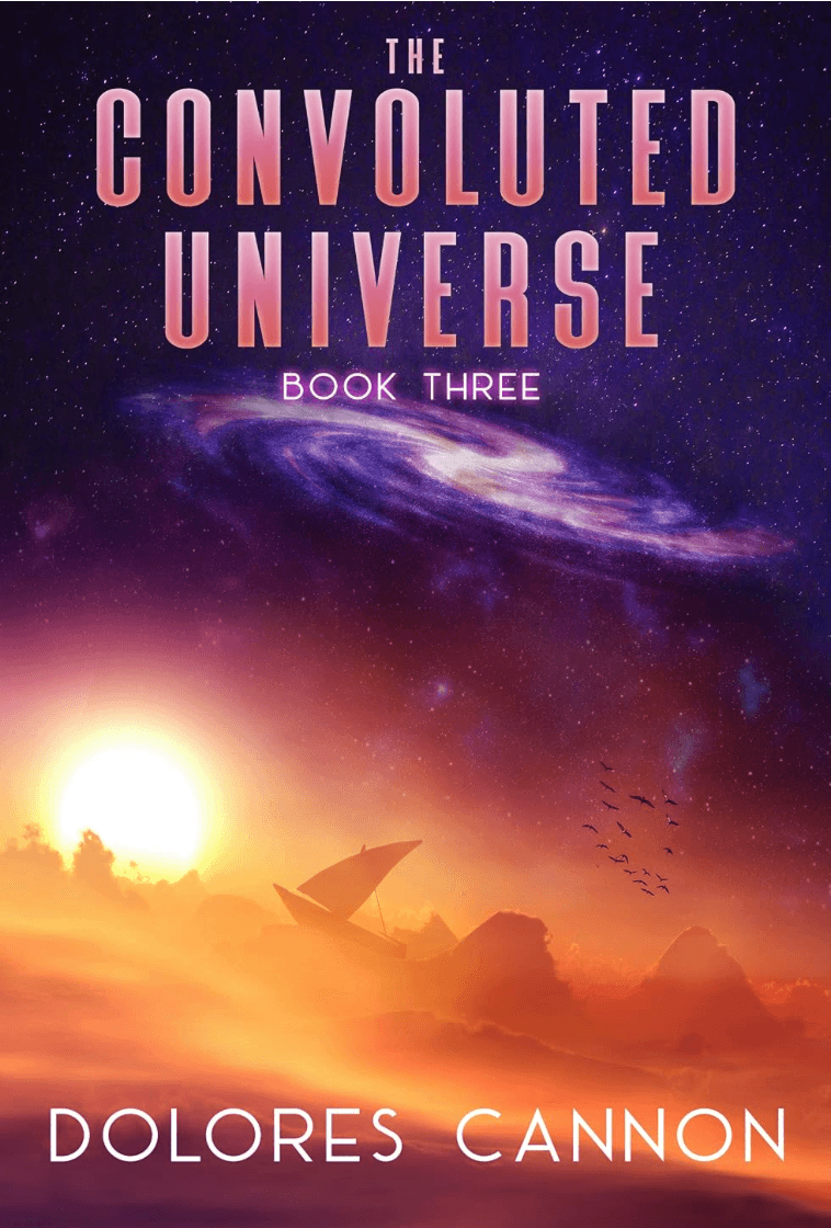 Cover of a book titled 'The Convoluted Universe Book Three' by Dolores Cannon, with a cosmic background featuring a galaxy, a sunset or sunrise, a silhouette of a boat with an umbrella on the water, and birds flying in the sky.