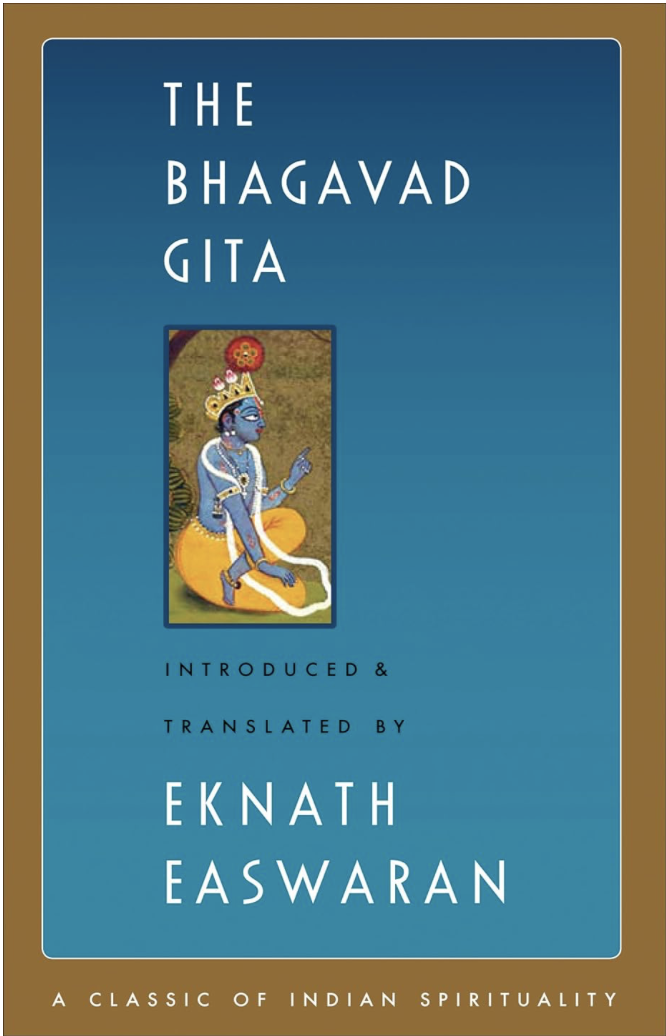 The cover of 'The Bhagavad Gita,' a book about Indian spirituality, featuring an illustration of Lord Krishna in blue with a crown, sitting cross-legged and holding a flute, against a blue background with brown borders.