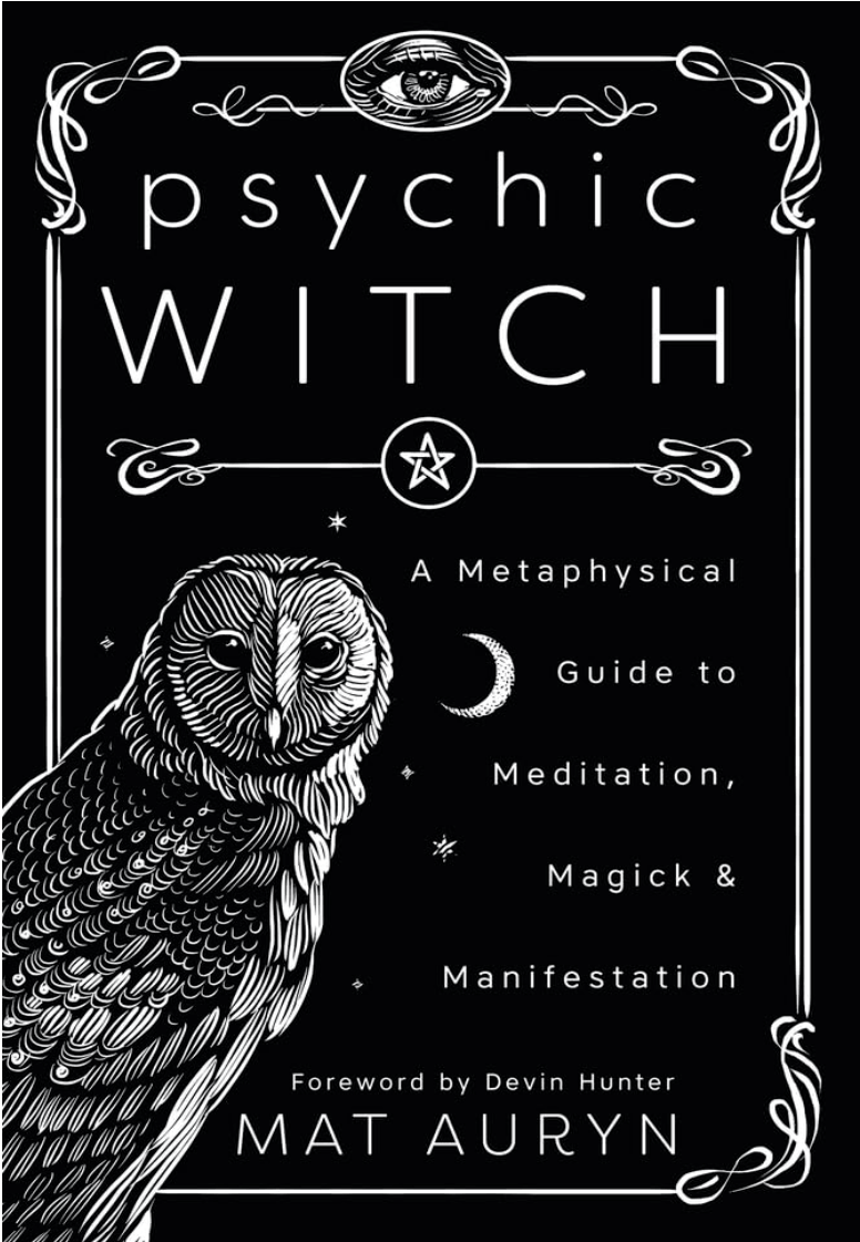 Book cover titled "Psychic Witch" with an illustration of an owl, an eye at the top, and a crescent moon, featuring mystical and witchcraft themes.