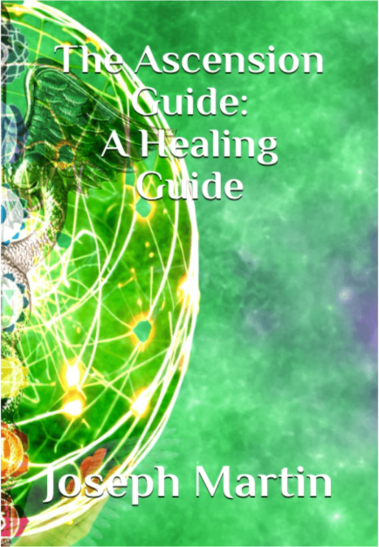 Book cover titled "The Ascension Guide: A Healing Guide" by Joseph Martin, featuring a vibrant green background, glowing interconnected lines, and abstract patterns.