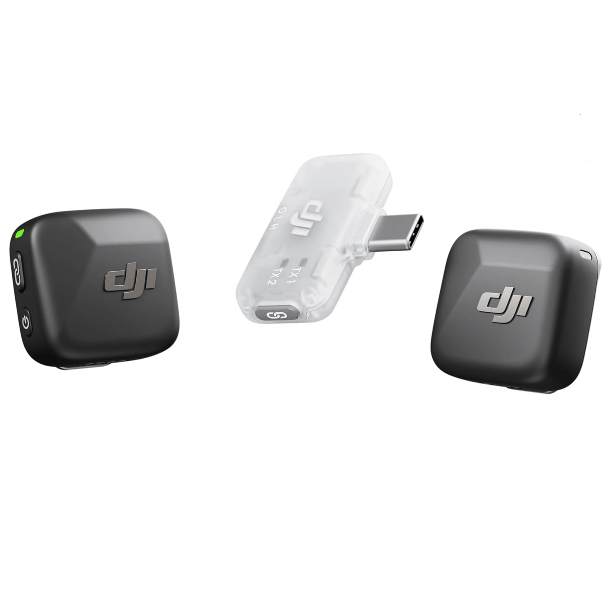 Close-up of electronic adapters, including a black power adapter and a white USB-C to HDMI adapter, against a plain white background.