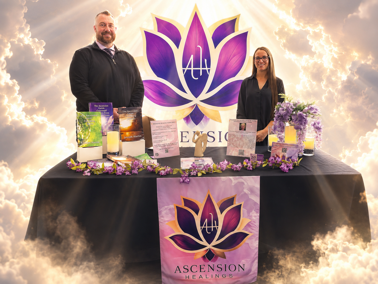Joseph & Jennifer Martin of Ascension healings standing behind a table with promotional materials and candles, in front of a large purple lotus flower logo and the words "Ascension Healings," against a background of clouds and sunlight.