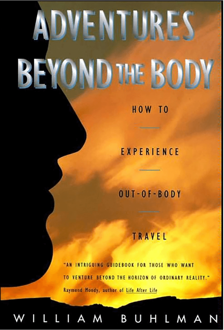 Book cover of "Adventures Beyond the Body" by William Buhlman, featuring a silhouette of a face in profile against a sunset or sunrise background with clouds.