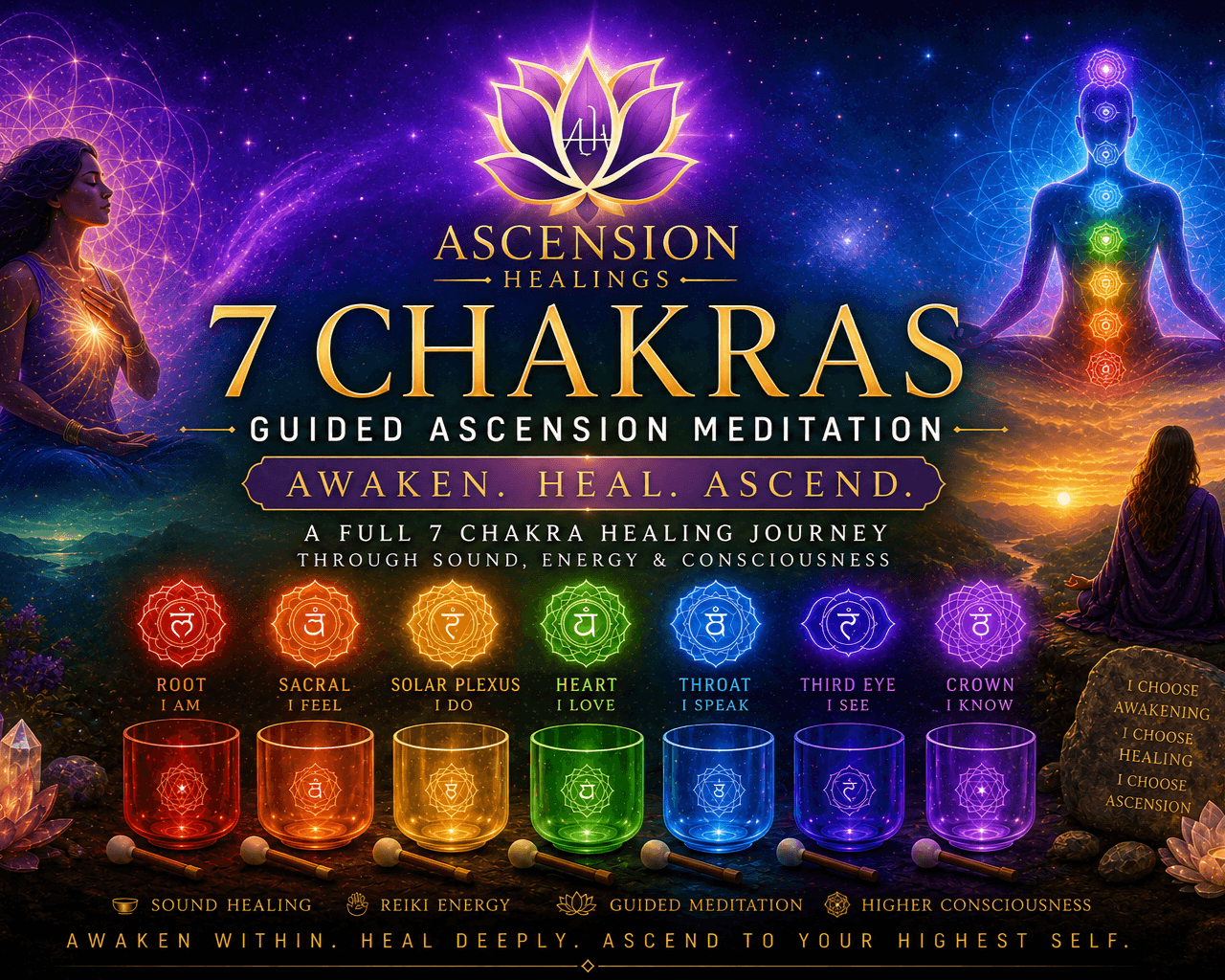 A vibrant digital illustration featuring a woman in meditation on the left, a meditating figure with chakras on the right, and a sunset in the background. The image promotes Ascension Healings and guided meditation for healing and awakening through the seven chakras, with colorful symbols and descriptions of each chakra, and a message about sound healing, Reiki energy, guided meditation, and higher consciousness.